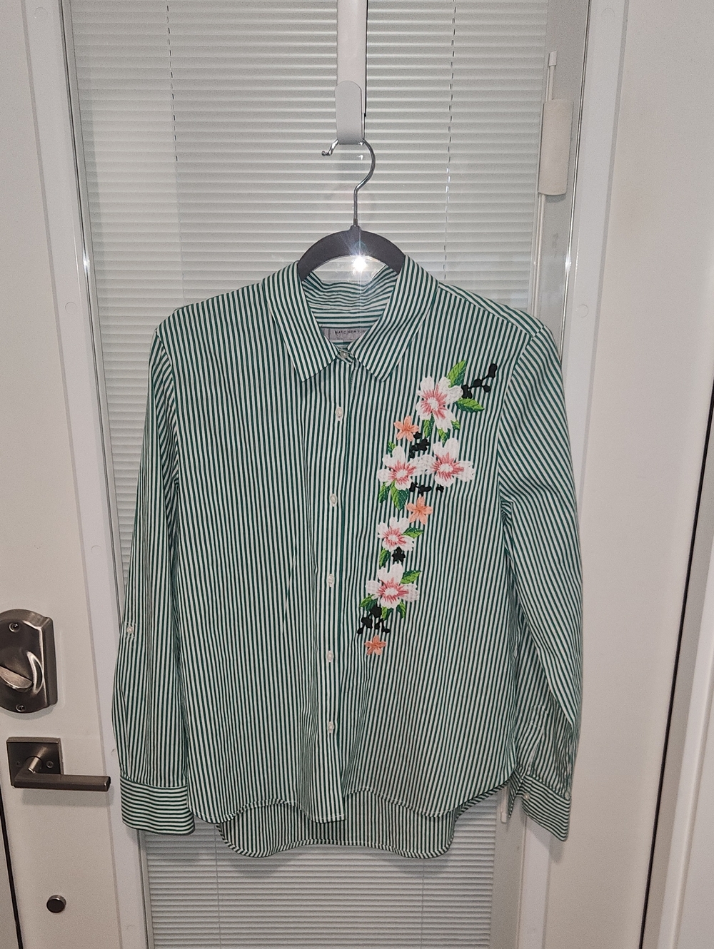 Green Stripe Button-Up Shirt with Floral Embroidery